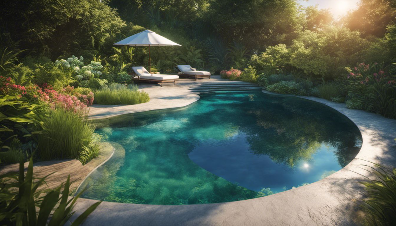 A serene, pristine pool nestled in nature, capturing the vibrant colors and textures of the lush surroundings.