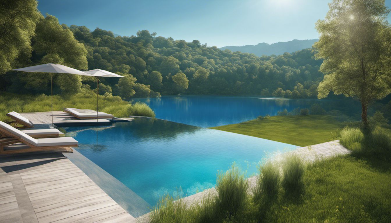 A peaceful pool surrounded by lush greenery and a figure at the edge invites viewers to enjoy its tranquil ambiance.