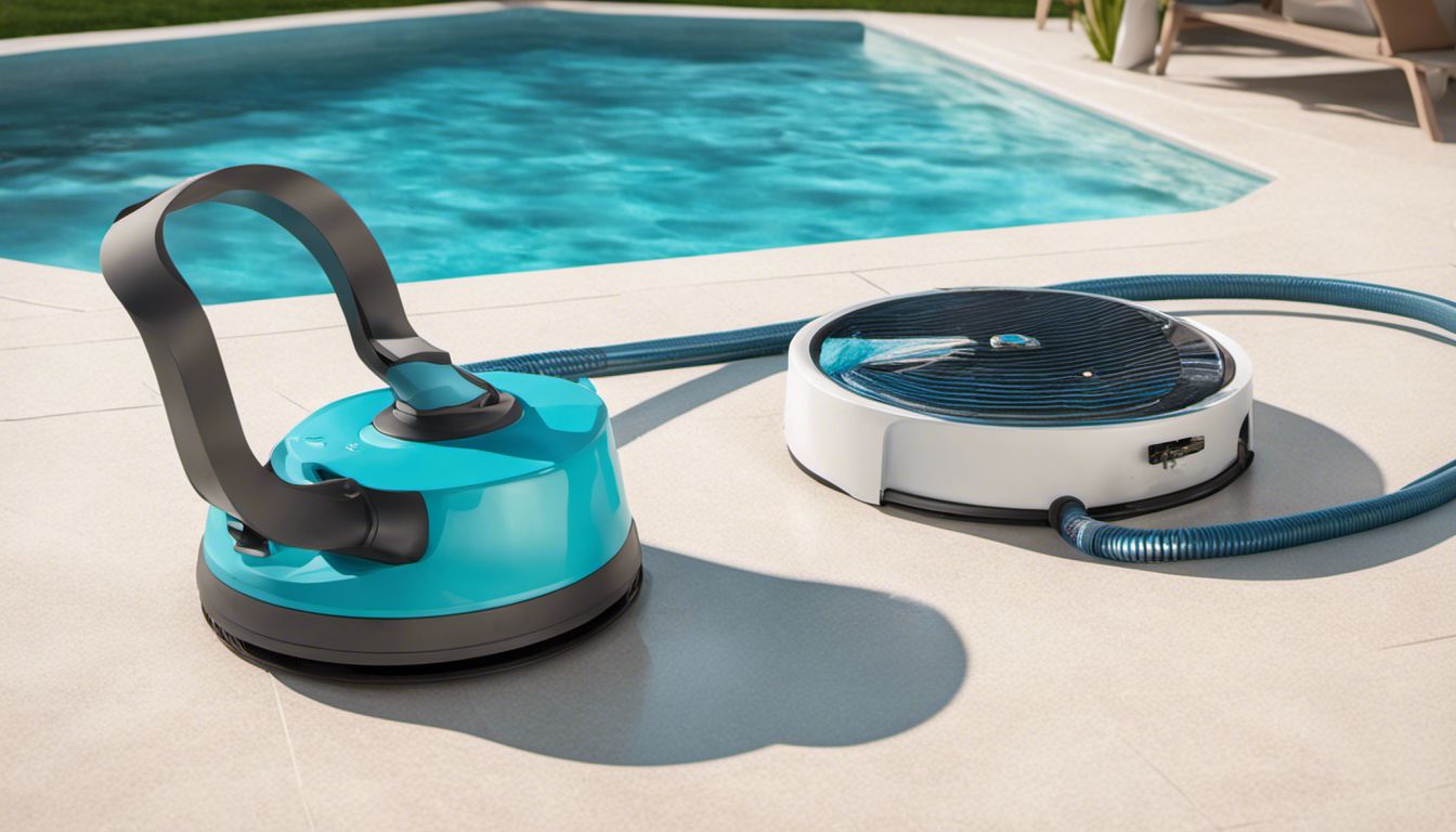 A pool cleaning setup sits next to a sunlit, inviting swimming pool on a peaceful summer day.