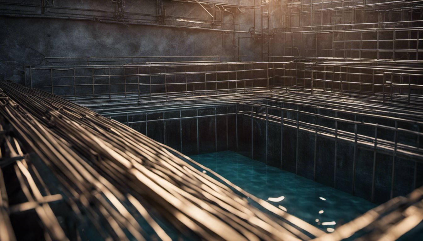 A detailed close-up of steel cage reinforcements in a deep pool excavation, highlighting their strength and precision.