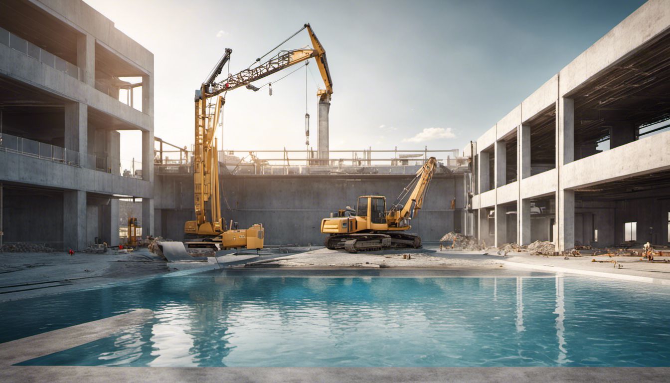 A modern, clean-lined swimming pool under construction with surrounding machinery, emphasizing its sleek design.