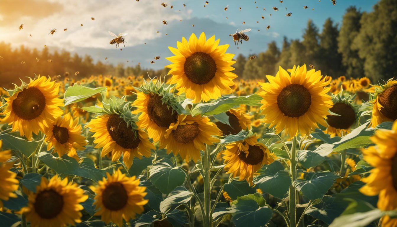 A stunning sunflower field in full bloom, buzzing with bees, displays the beauty of nature.