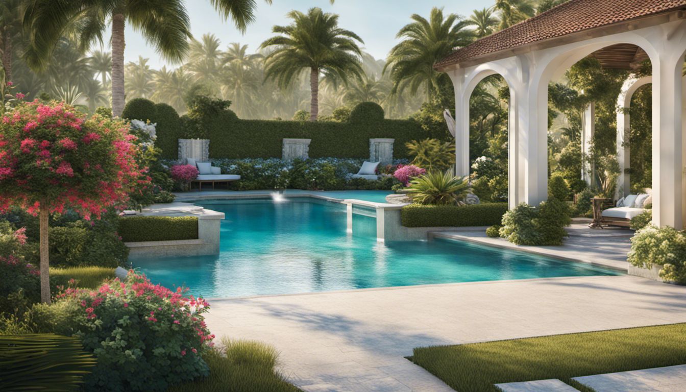 A beautifully renovated pool surrounded by lush landscaping, creating a luxurious oasis.