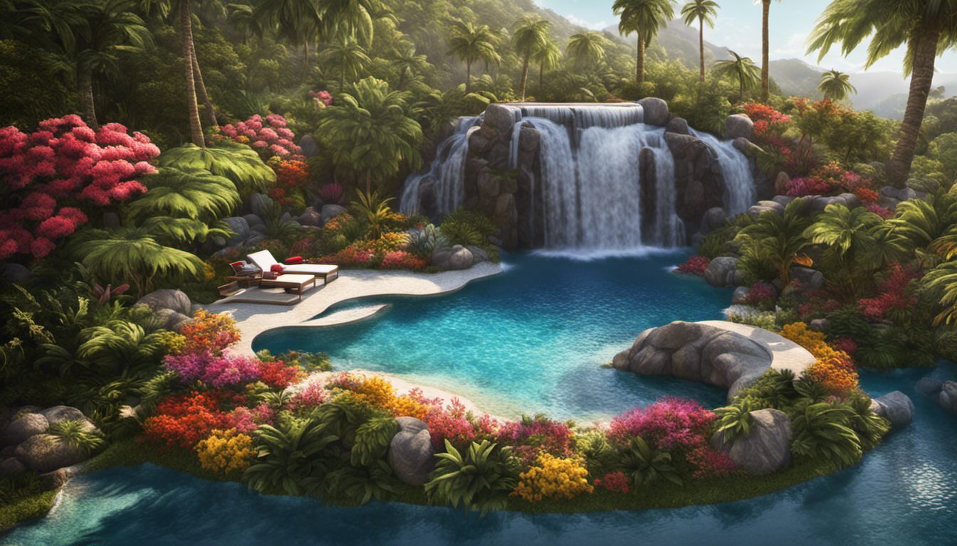 This image captures the serene beauty of a tropical paradise with a kidney-shaped pool and cascading waterfall.