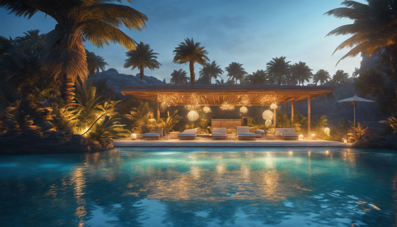 A serene swimming pool with sparkling blue water, palm trees, and floating pool toys.