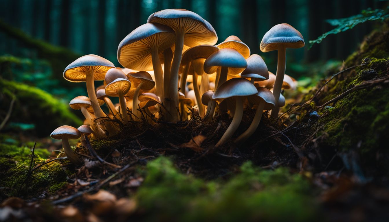 A close-up photo of magic mushrooms growing in a dark forest.