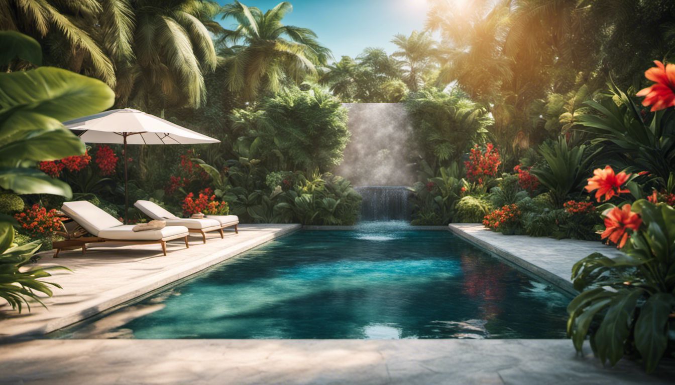 A tropical garden with a serene pool surrounded by vibrant flowers and palm trees.