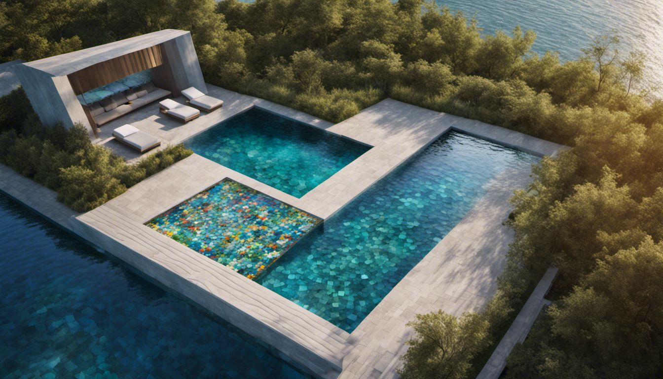 A stunning pool with colorful mosaic tiles and a serene glass waterfall, viewed from above.