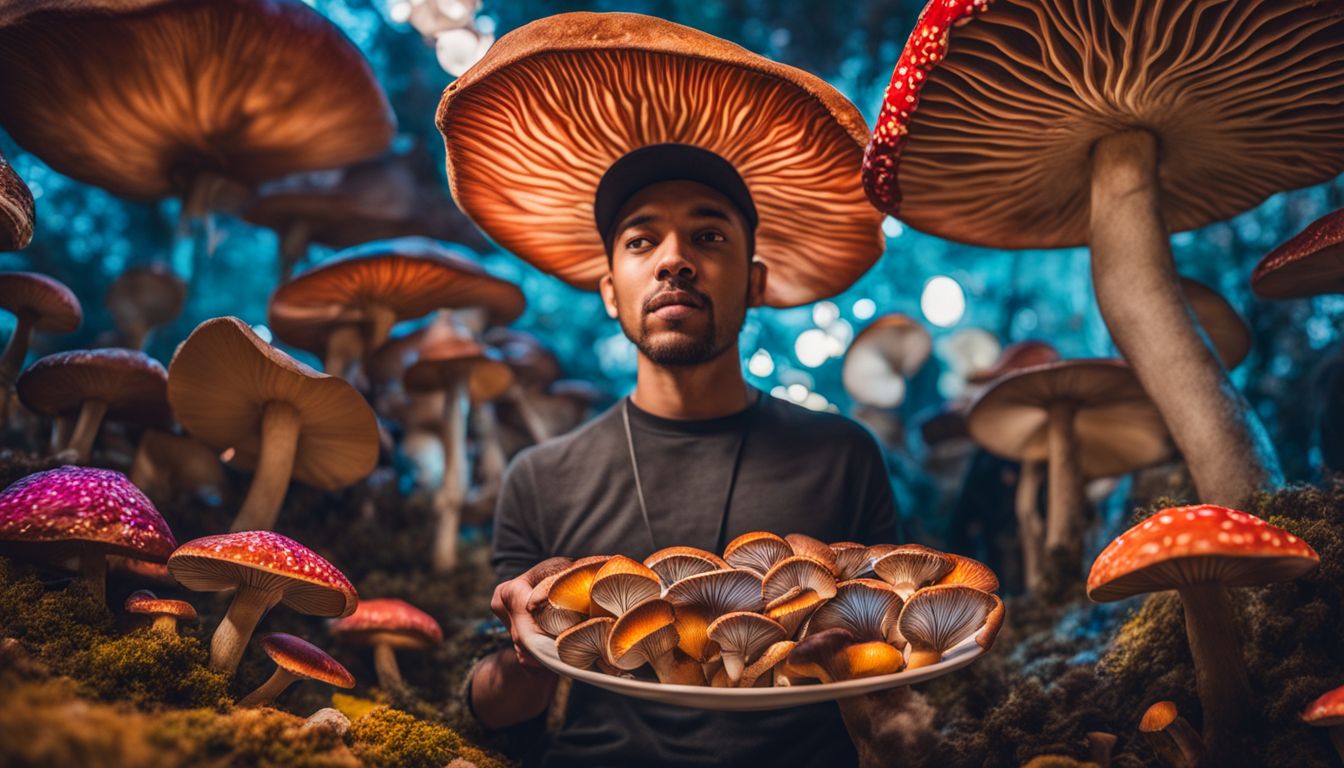 A person holds a plate of magic mushrooms surrounded by psychedelic artwork.