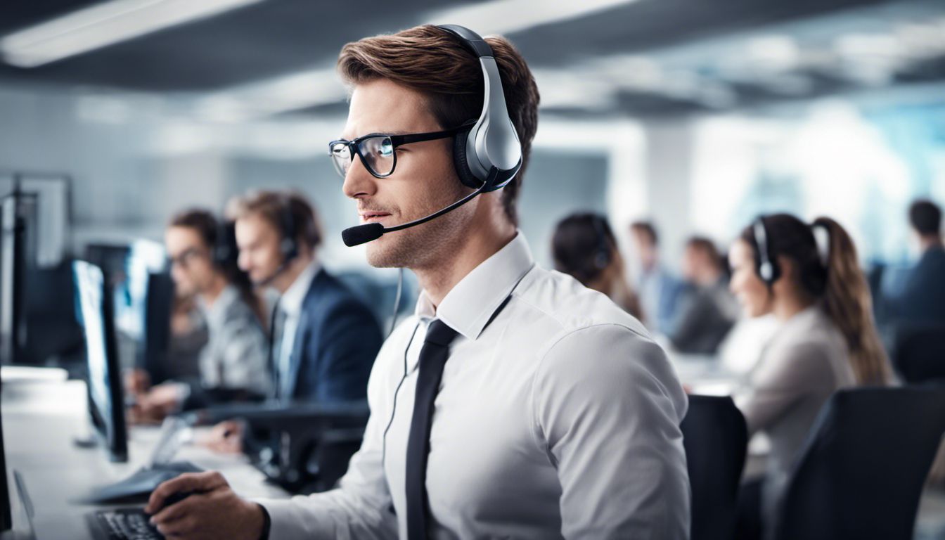A customer service representative attentively listens to a customer's concerns in a busy call center surrounded by diverse colleagues.