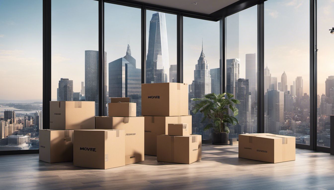 A team of movers skillfully unpack boxes in a modern home against a bustling city backdrop.