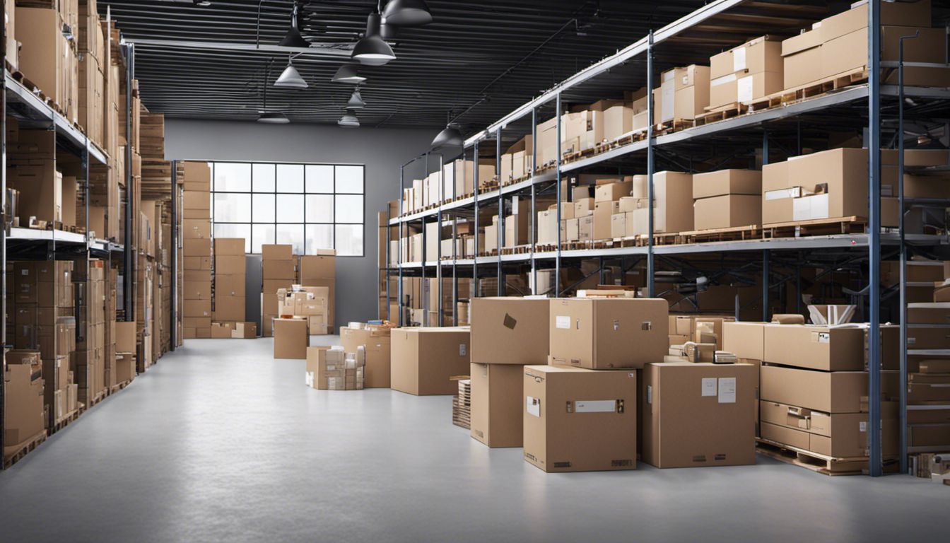 A highly organized storage facility displaying neatly stacked boxes and various items, showcasing efficiency and order.