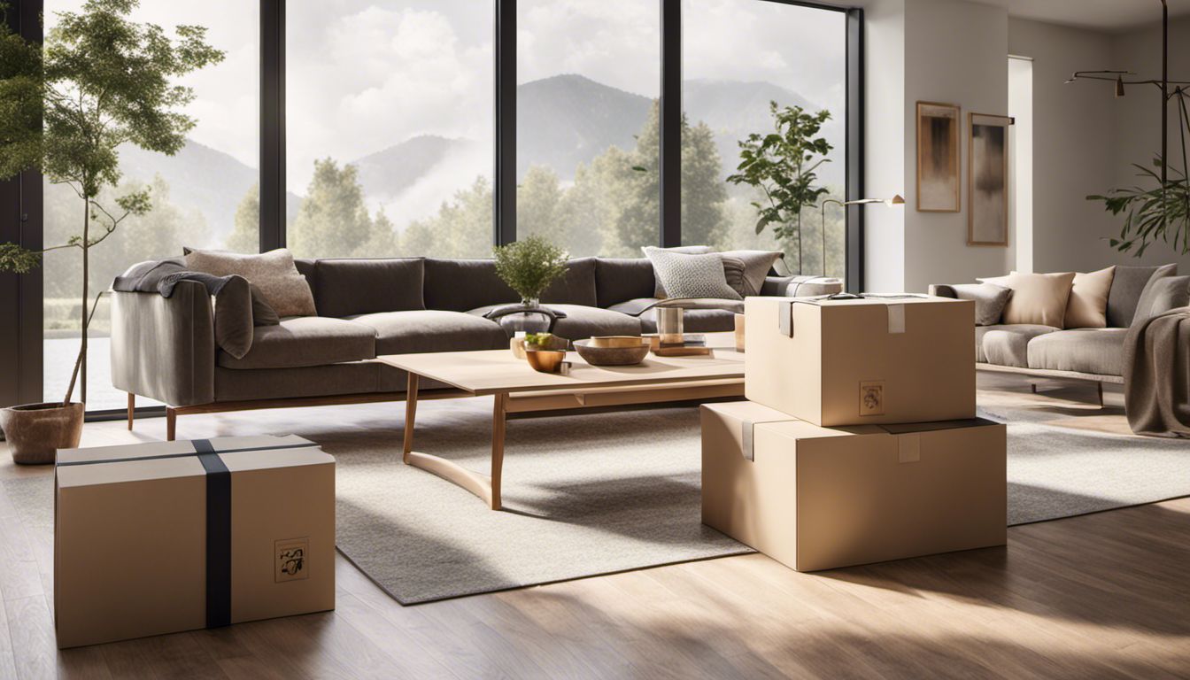 A tidy stack of moving boxes in a modern and spacious living room with minimalist furniture.