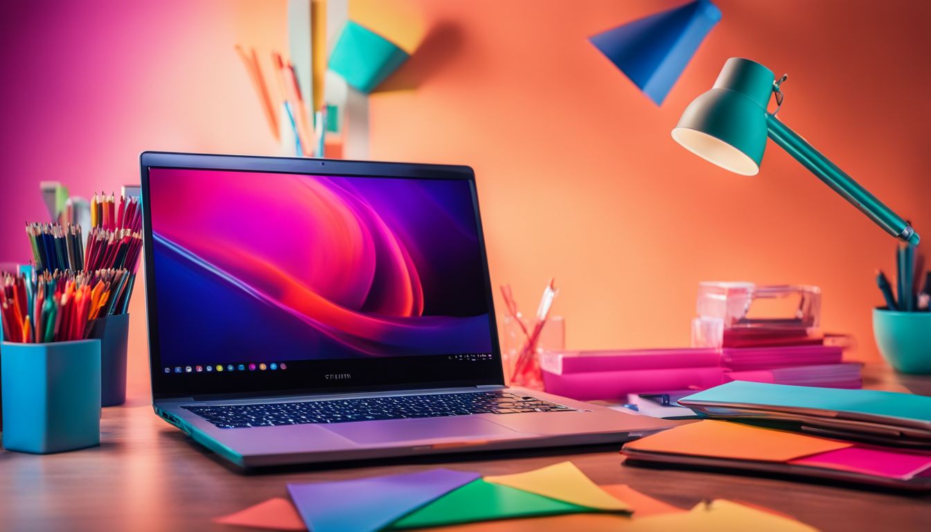 A laptop surrounded by colorful office supplies in a vibrant setting.