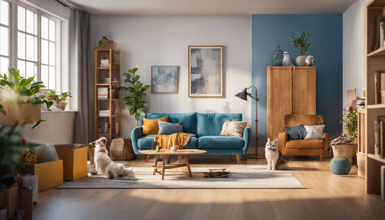 A joyful family embraces the excitement of moving into their new home, with playful pets adding to the lively atmosphere.