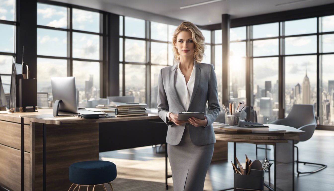 A professional businesswoman in a well-organized office, exuding confidence and determination, surrounded by city views.
