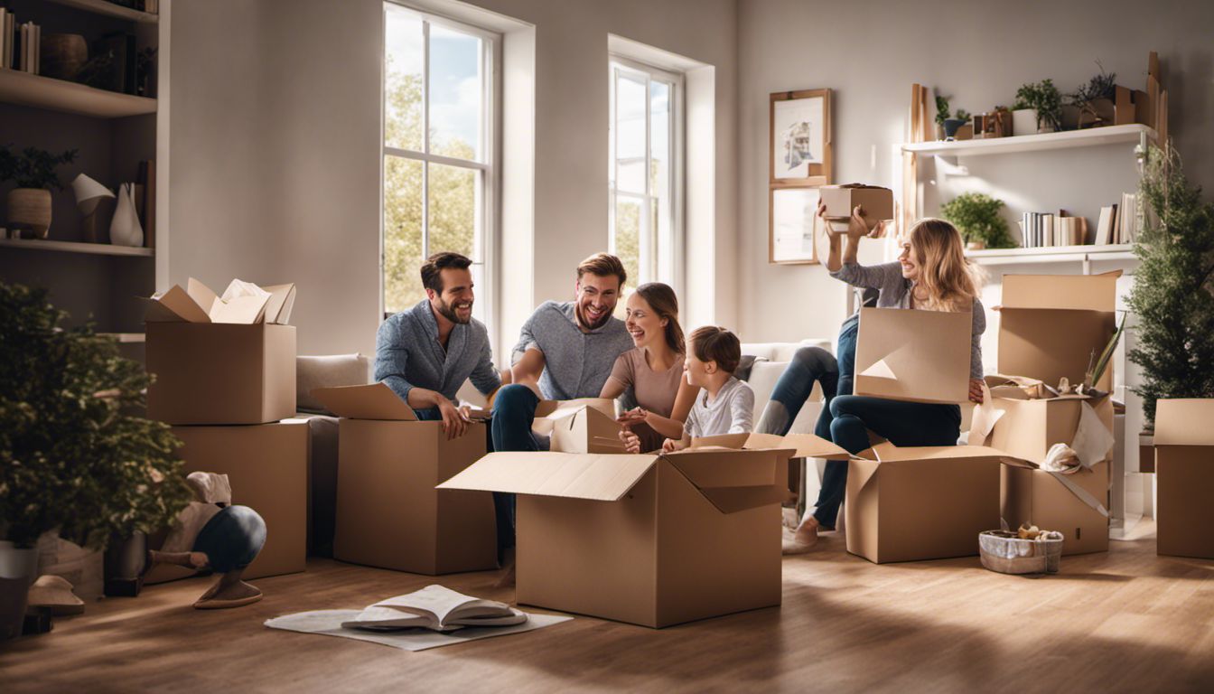 A family happily settling into their new home, surrounded by unpacked boxes and a photograph of a cityscape.