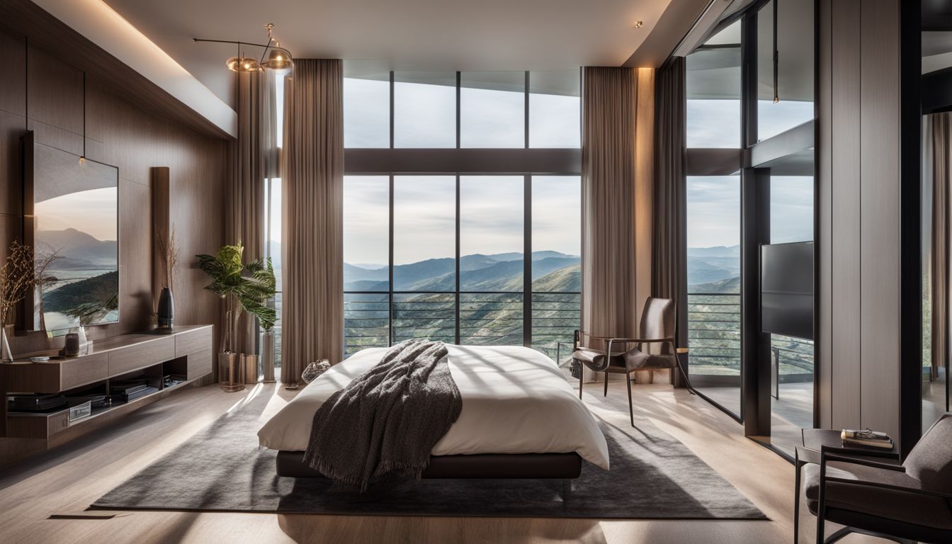 A modern bedroom with a scenic view overlooking a bustling atmosphere.