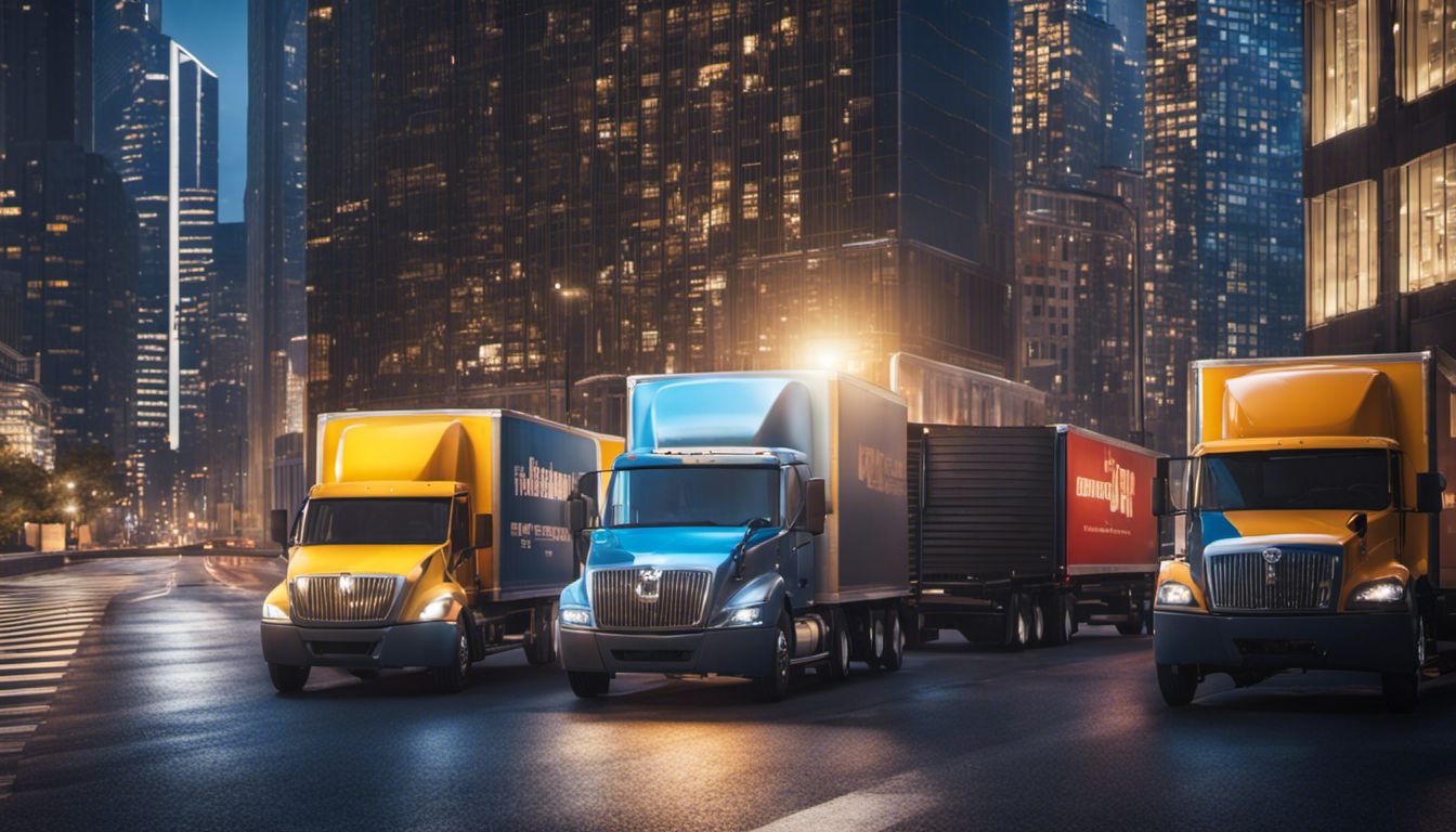 A group of movers in a moving truck navigating through a busy cityscape filled with skyscrapers and vibrant street lights.