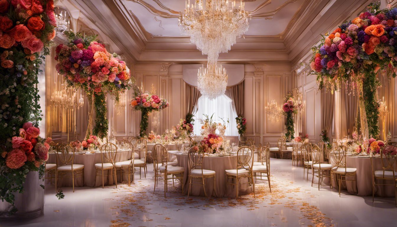 The image showcases vibrant and elegant event decorations with floral arrangements, streamers, and table settings in a luxurious ballroom.
