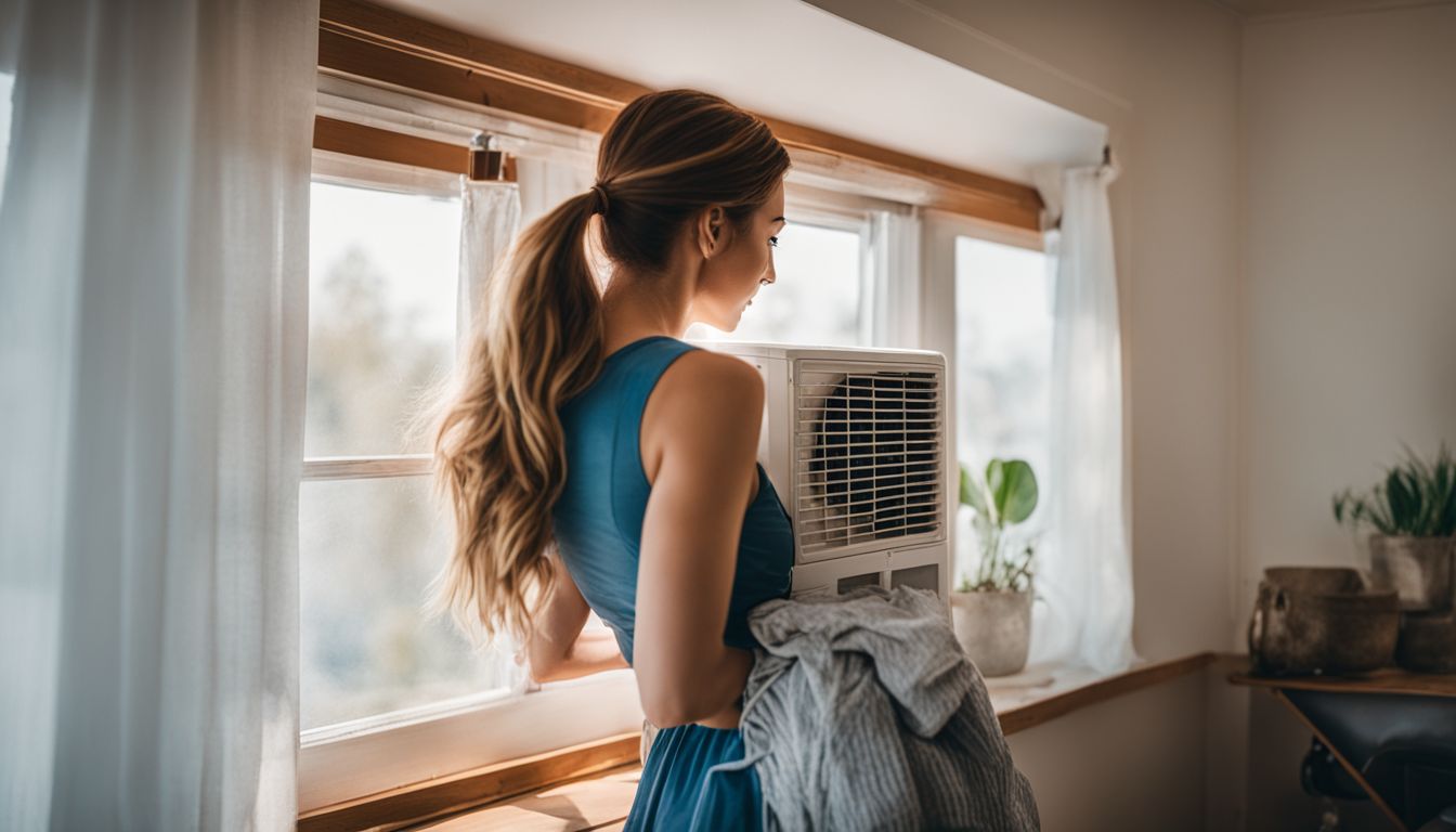 A woman installing an air conditioner in a casement window.