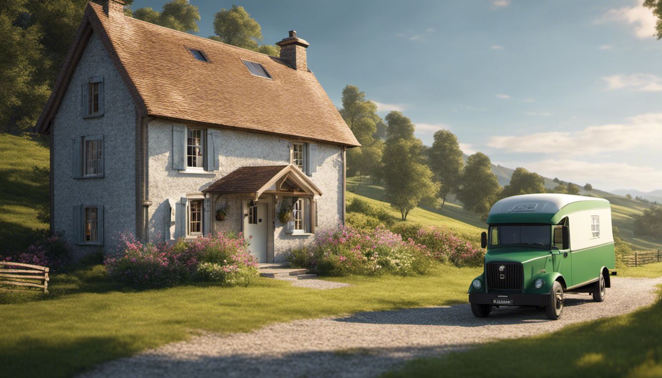 A moving truck parked in front of a picturesque countryside cottage, exuding rural tranquility.