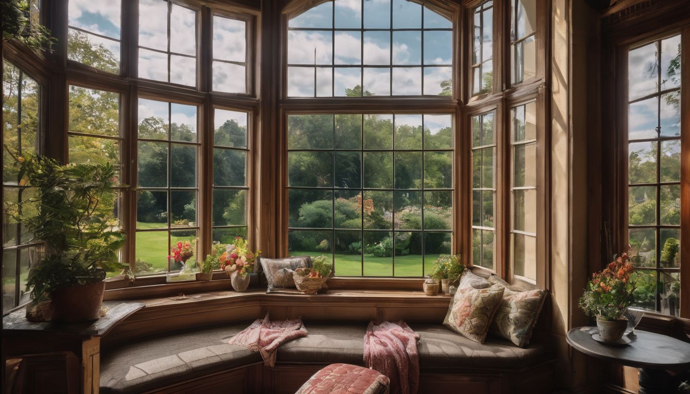 A photo of Casement windows overlooking a picturesque garden with diverse people.