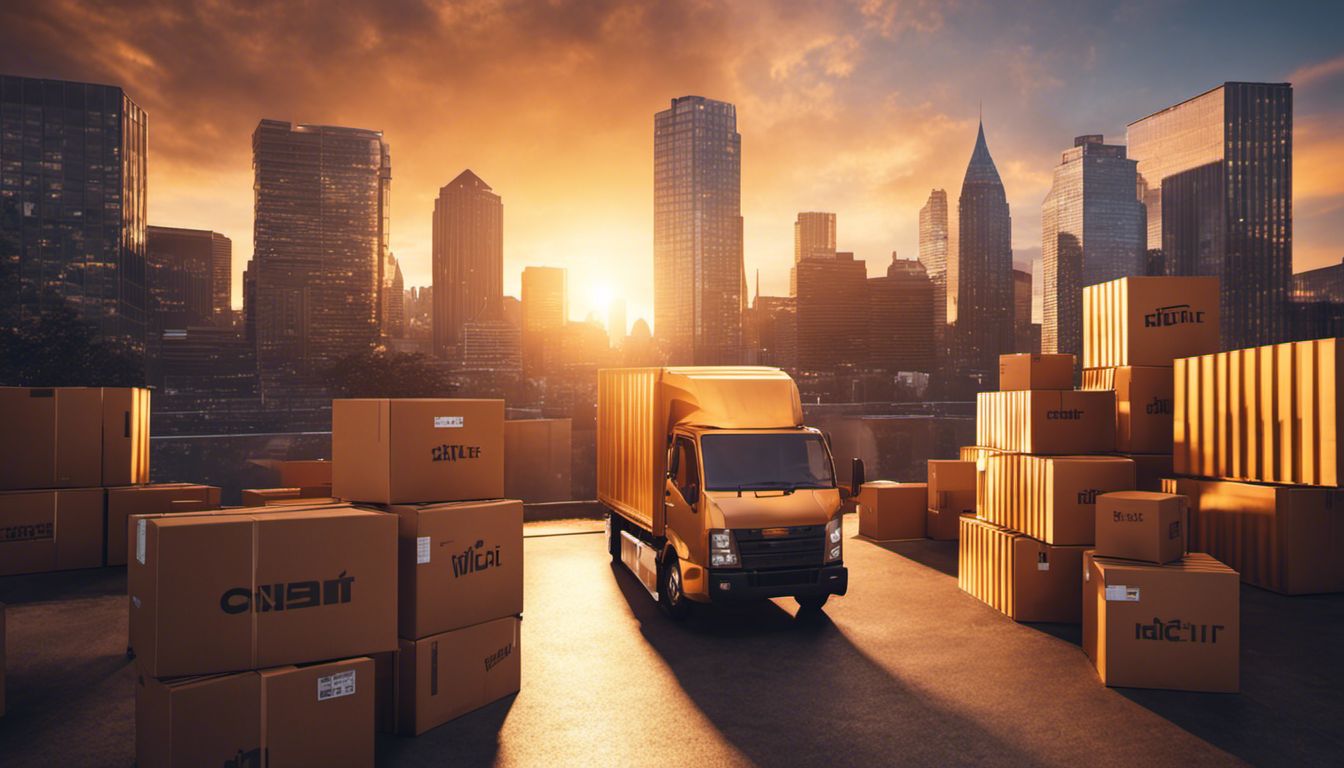 Moving boxes in a removal truck against a vibrant cityscape at sunset, highlighting the urban beauty.