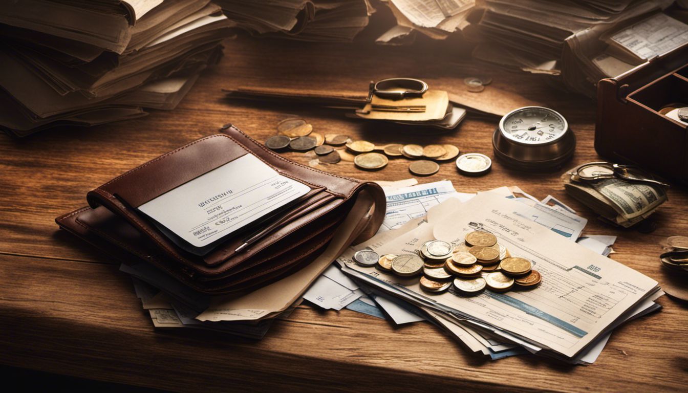 An organized wallet with official documents, keys, and coins on a wooden desk exudes responsibility and importance.