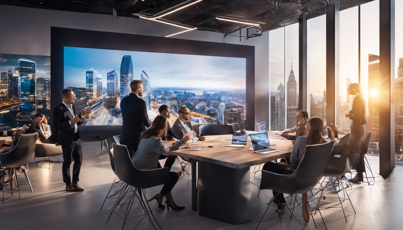 A diverse group of professionals networking in a modern conference venue with cityscape photography displayed in the background.