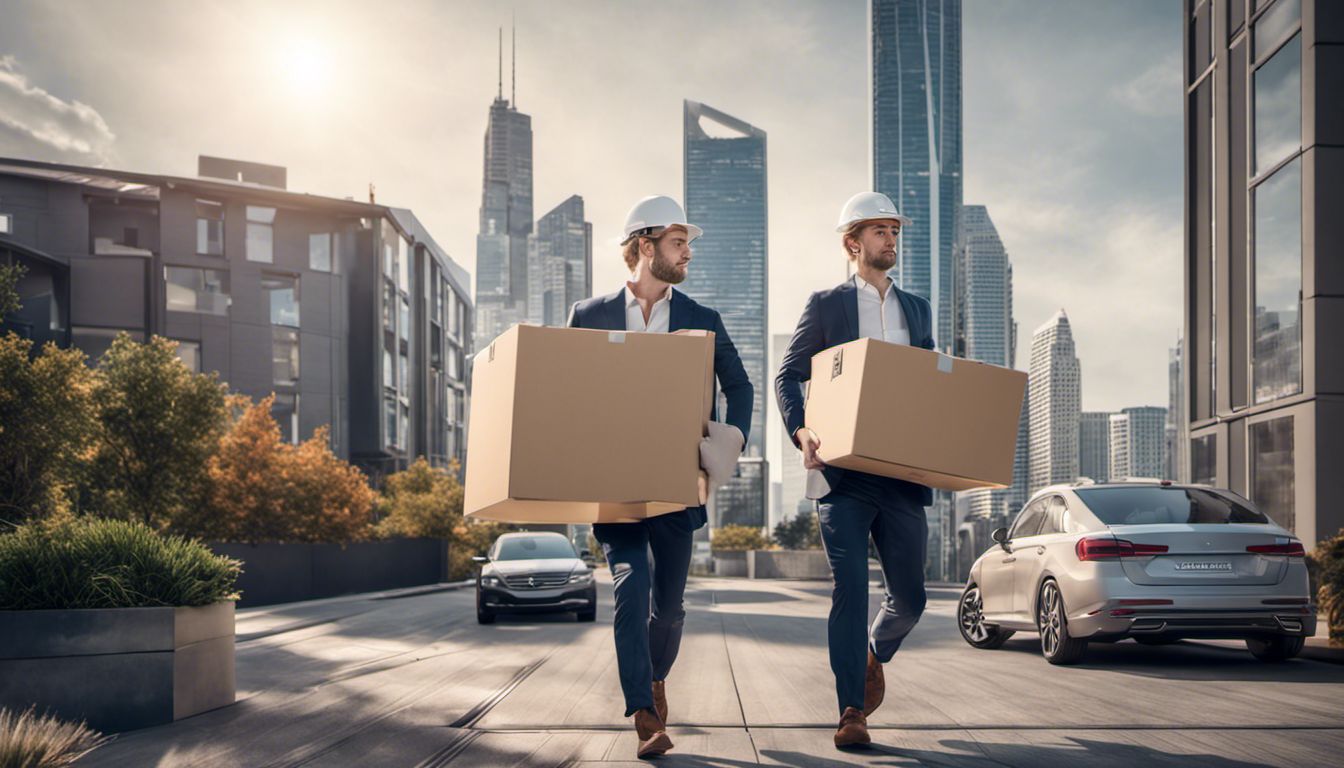Two movers carrying boxes into a modern house amidst a bustling cityscape, showcasing their dedication and strength.