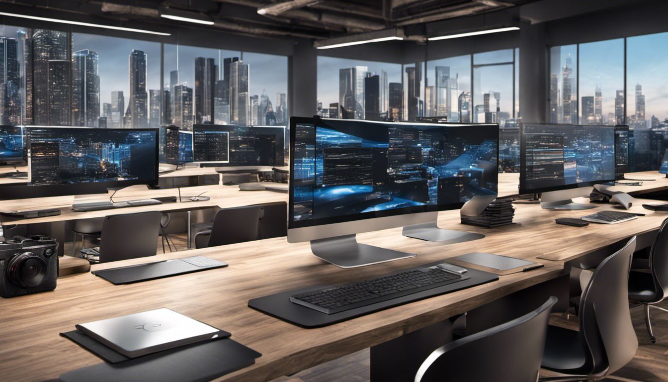 A cluttered desk with open laptops displaying moving company websites, surrounded by captivating cityscape photographs, representing the diversity of the digital world and urban landscapes.