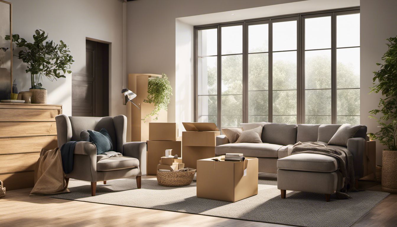 Movers efficiently arranging furniture and boxes in a well-lit living room.