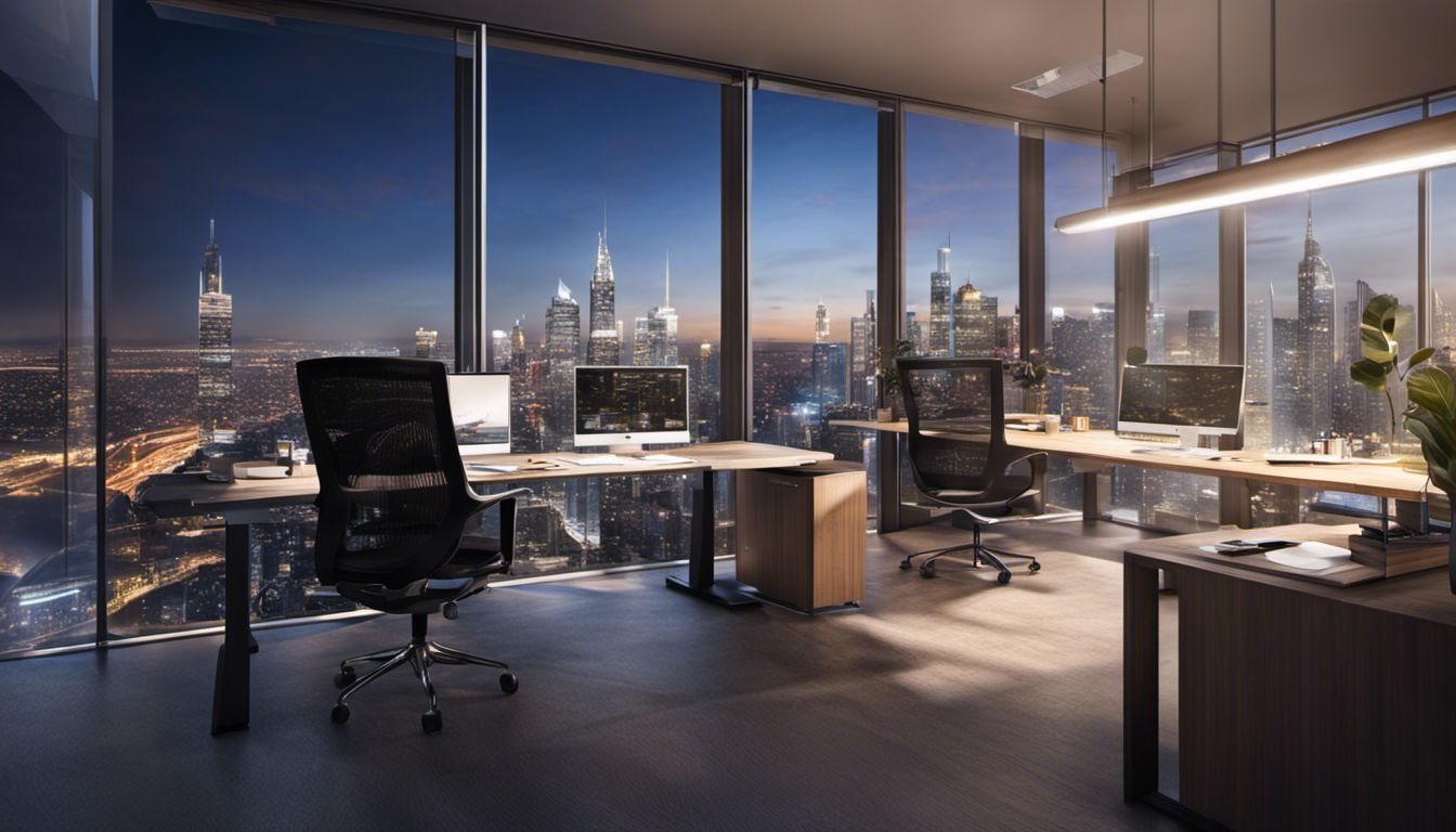 An employee works diligently in a modern office space with panoramic city views and sleek furniture.