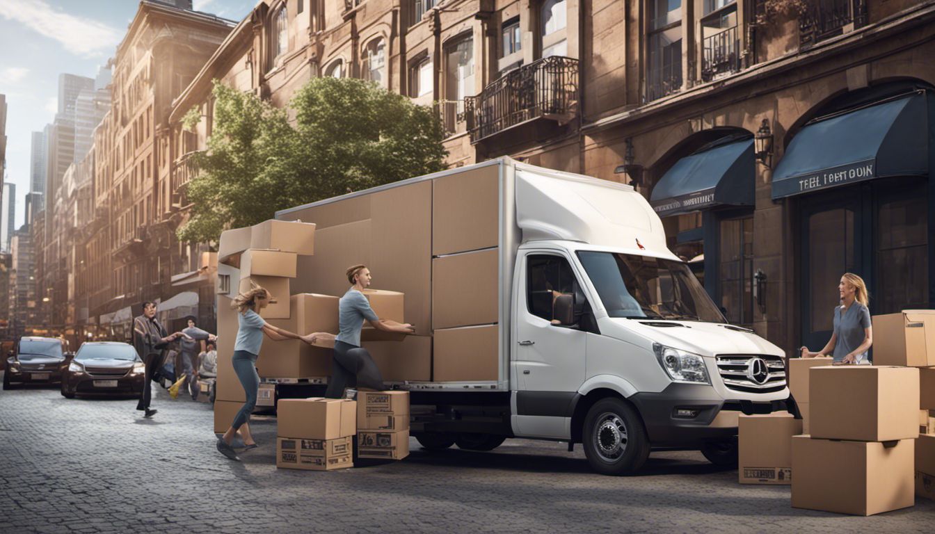 A diverse group of movers efficiently stacking cardboard boxes onto a moving truck in a busy cityscape.