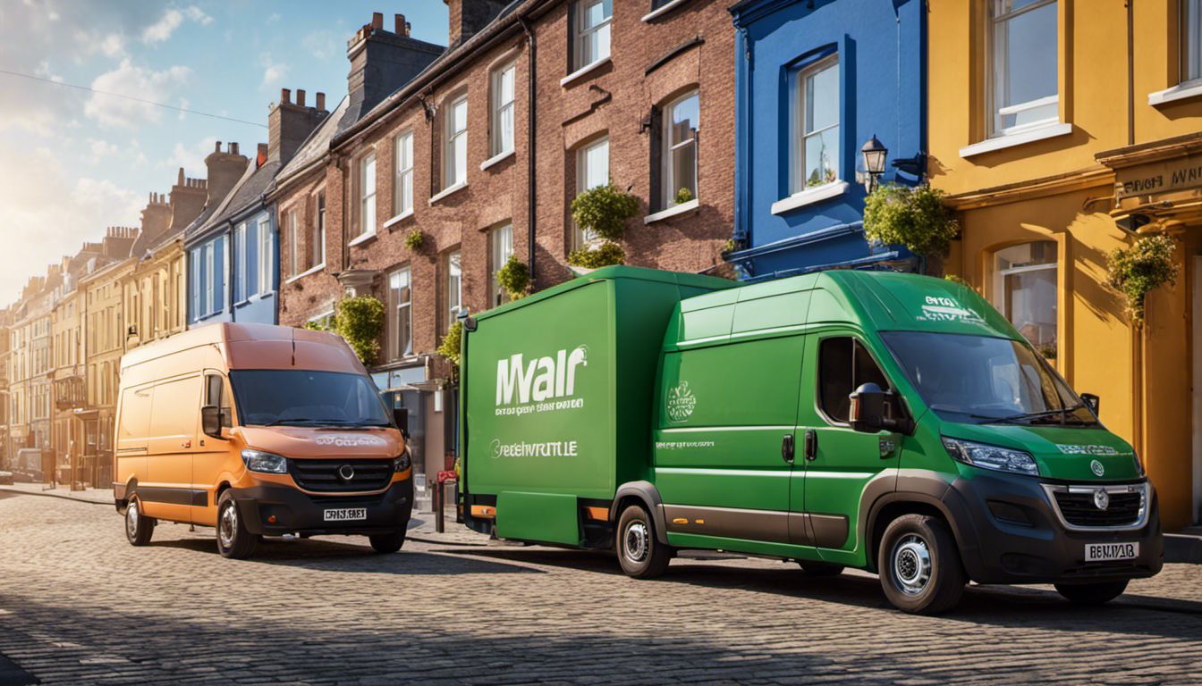 A team of movers unloading boxes from a removal van outside a charming Dublin home, against a vibrant cityscape backdrop.