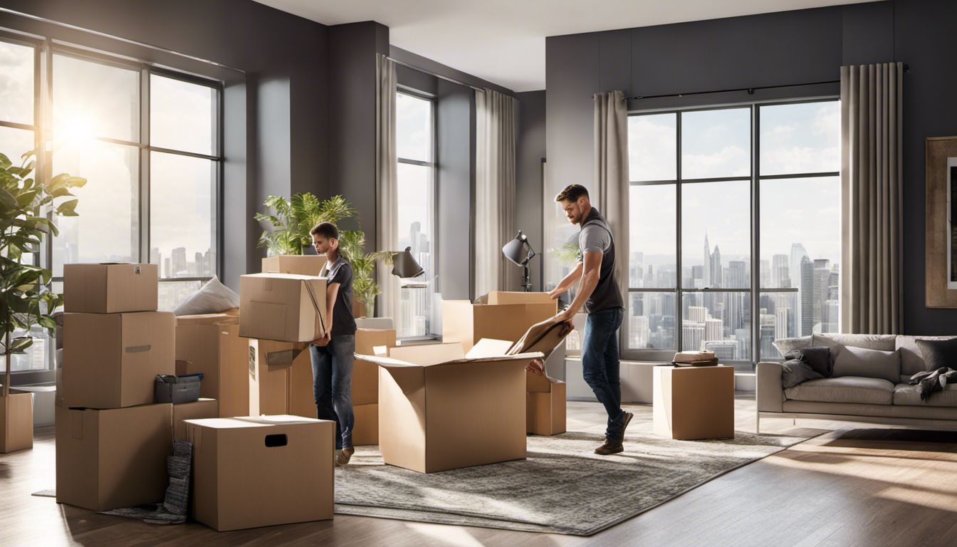 A professional moving crew efficiently organizes boxes in a new home with a cityscape visible in the background.