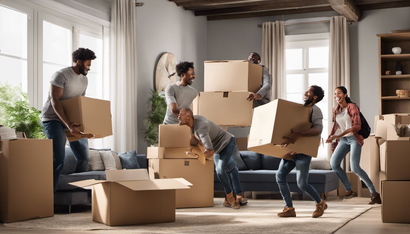 A group of movers energetically help a family pack and load their belongings into a moving truck.