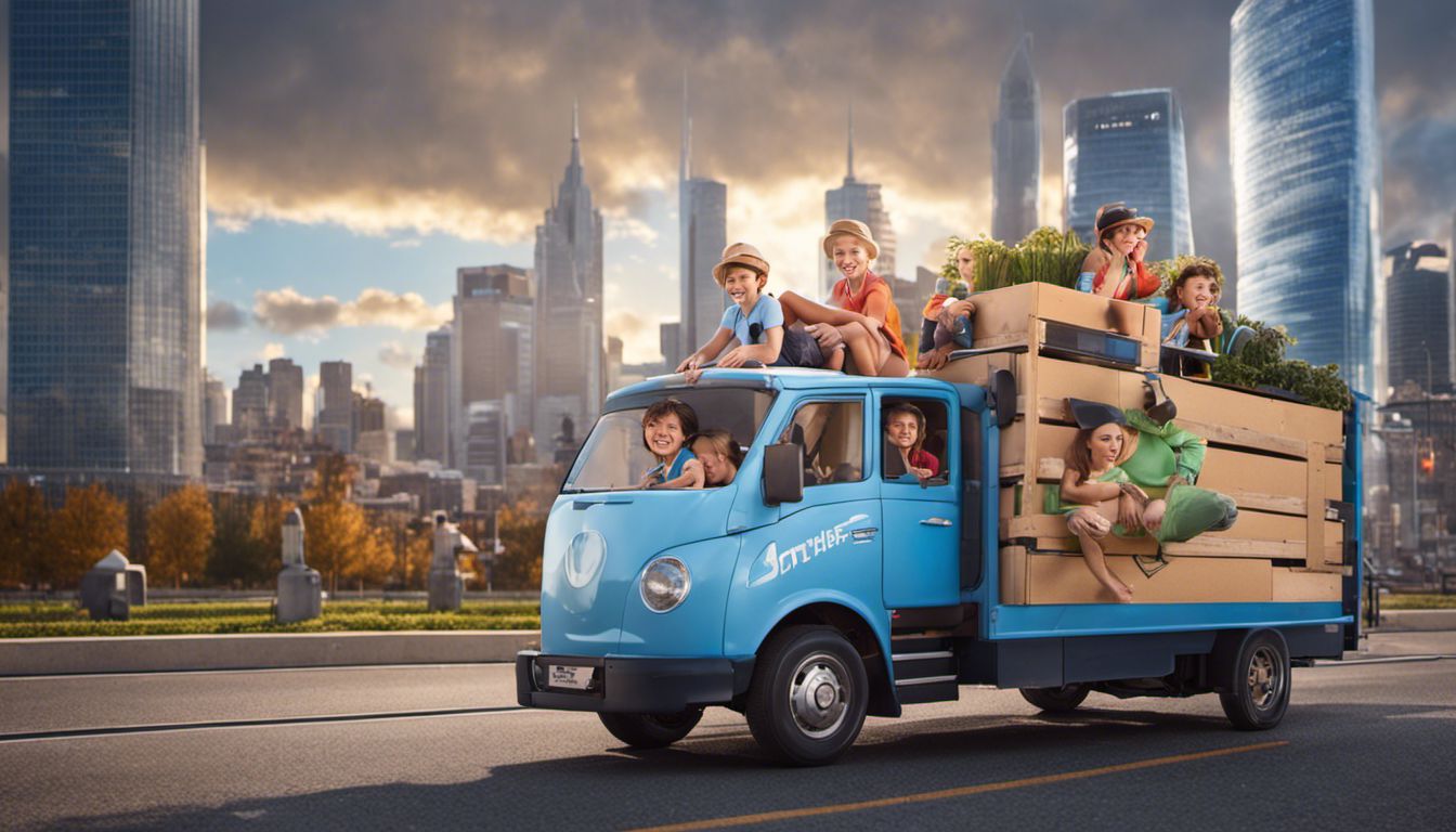 A happy family sits on a moving truck against a vibrant city backdrop.