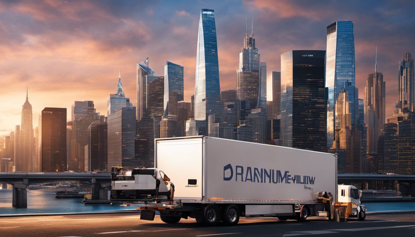 A professional moving team efficiently loads furniture into a van against a backdrop of a bustling city skyline.