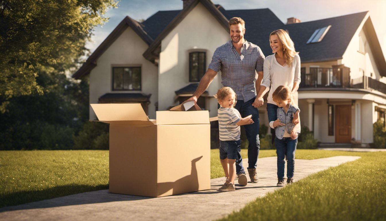A joyful family stands in front of their new home, surrounded by moving boxes, ready for a fresh start.