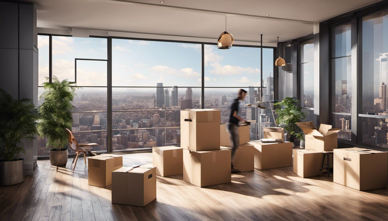 A team of movers effortlessly carrying boxes into a modern city apartment with a view of the vibrant cityscape.