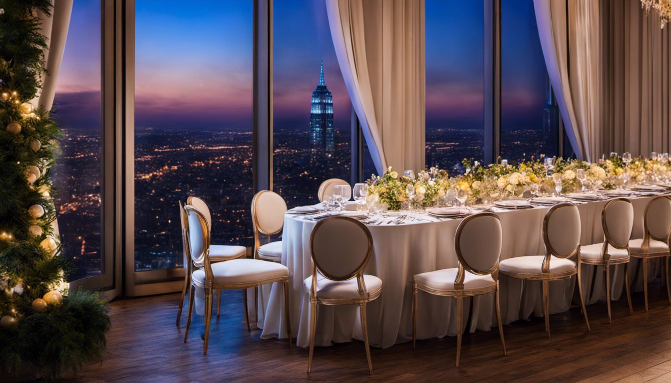 An upscale event venue with stunning decor and a beautiful cityscape backdrop, hosting a diverse mix of guests.