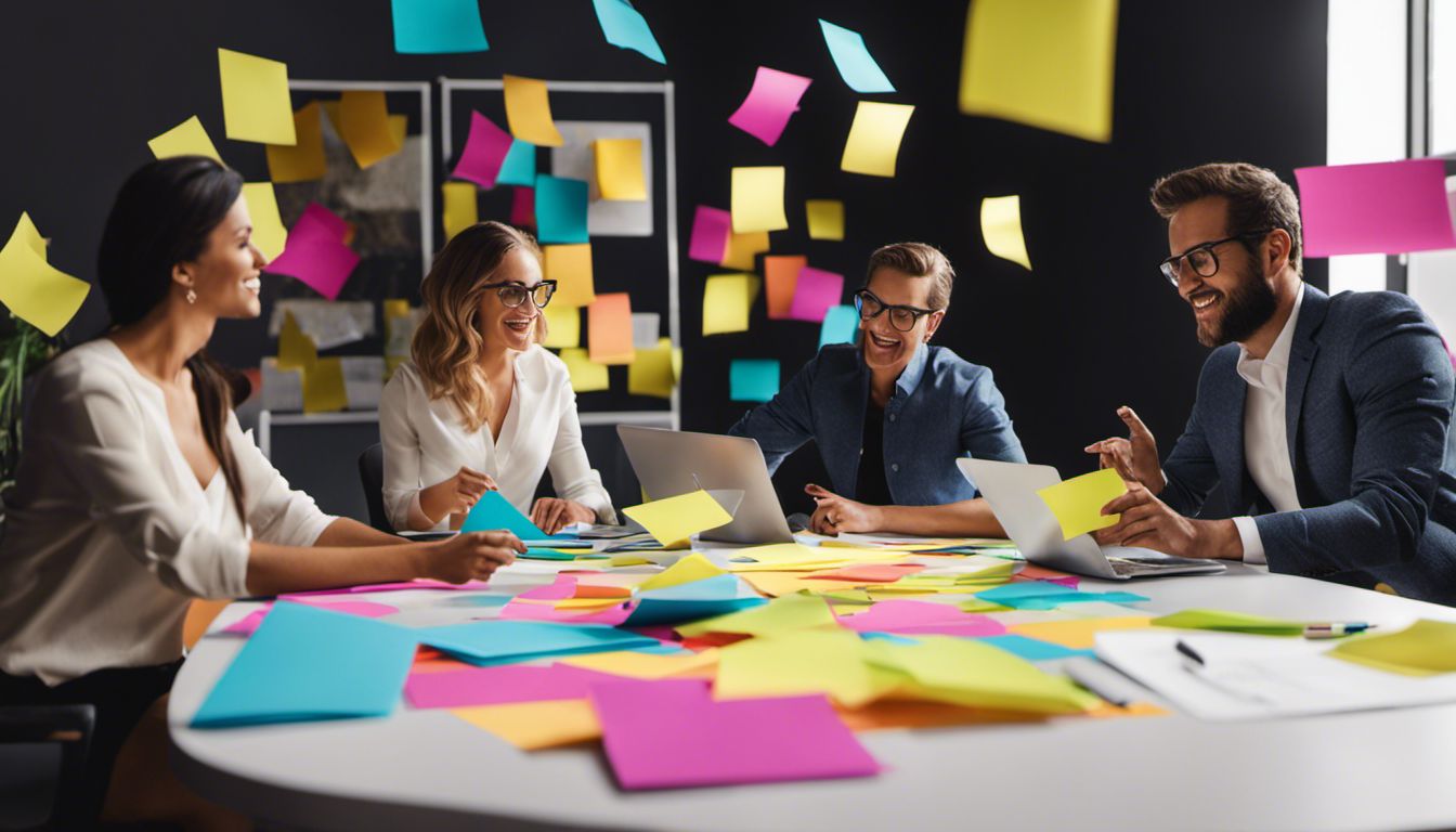 A team of event planners energetically brainstorm ideas for a conference, using sticky notes and interacting animatedly.