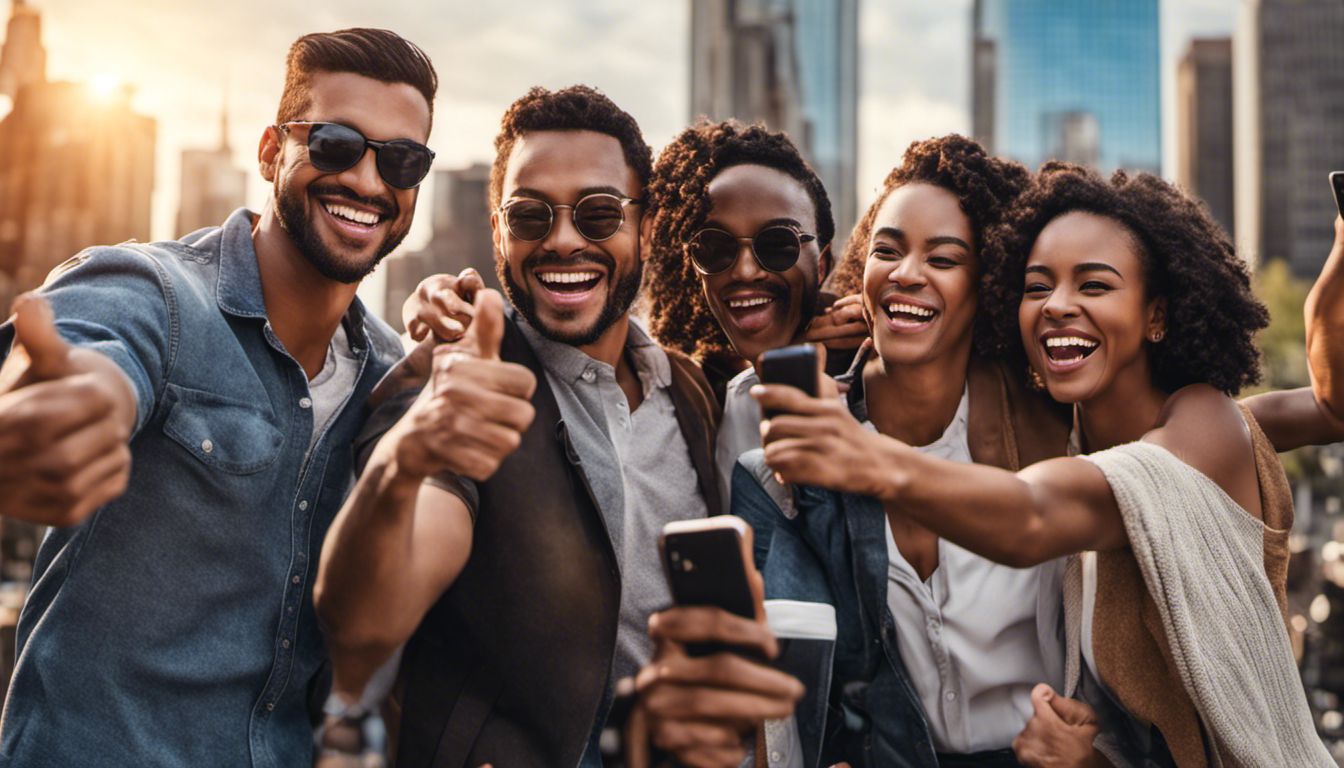A group of individuals in a cityscape capture joyful moments together, radiating excitement through their laughter and thumbs-up.