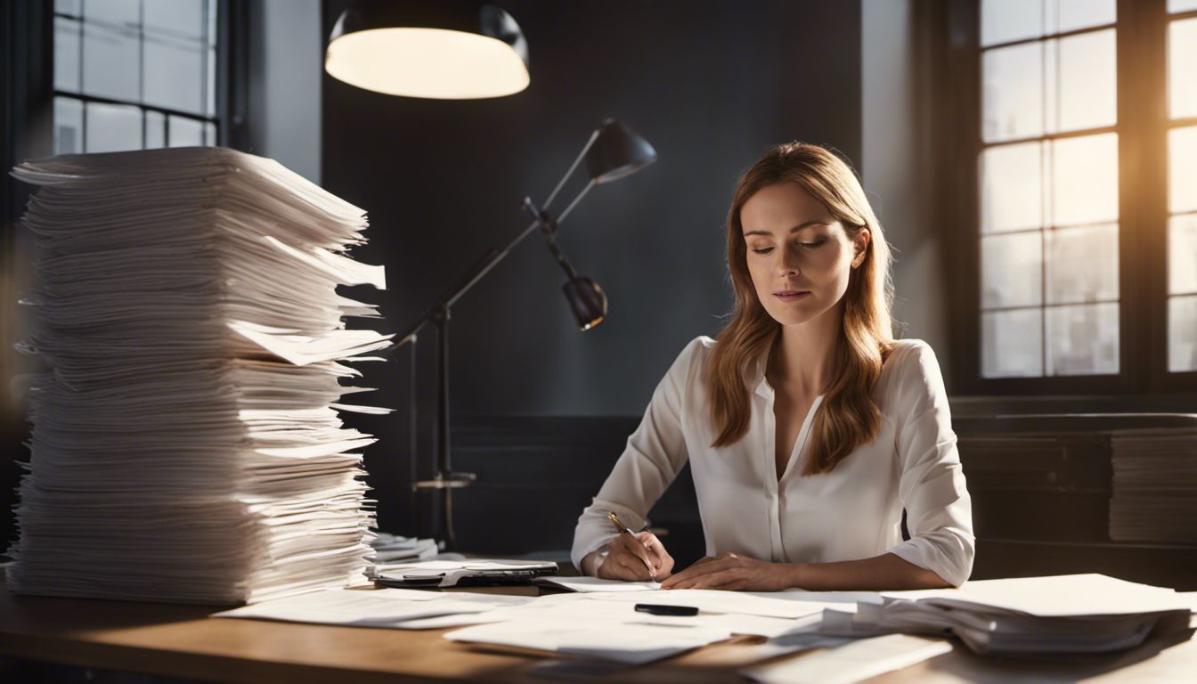 A woman is diligently working at her desk, managing stacks of bills and financial documents.