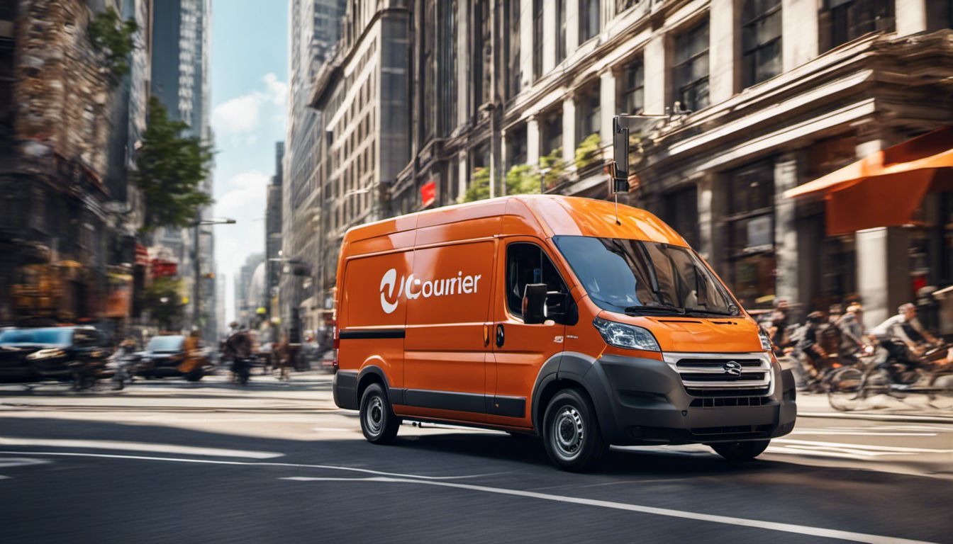 A courier van speeds through a lively city street, showcasing the vibrant urban environment and diverse cultures.