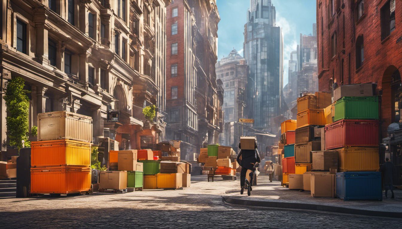 A professional courier in a bustling cityscape, capturing the vibrant colors and architectural details of urban life.