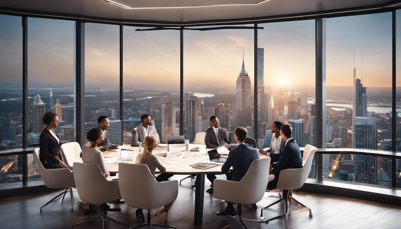 A group of professionals discussing marketing strategies in a modern conference room overlooking the cityscape.