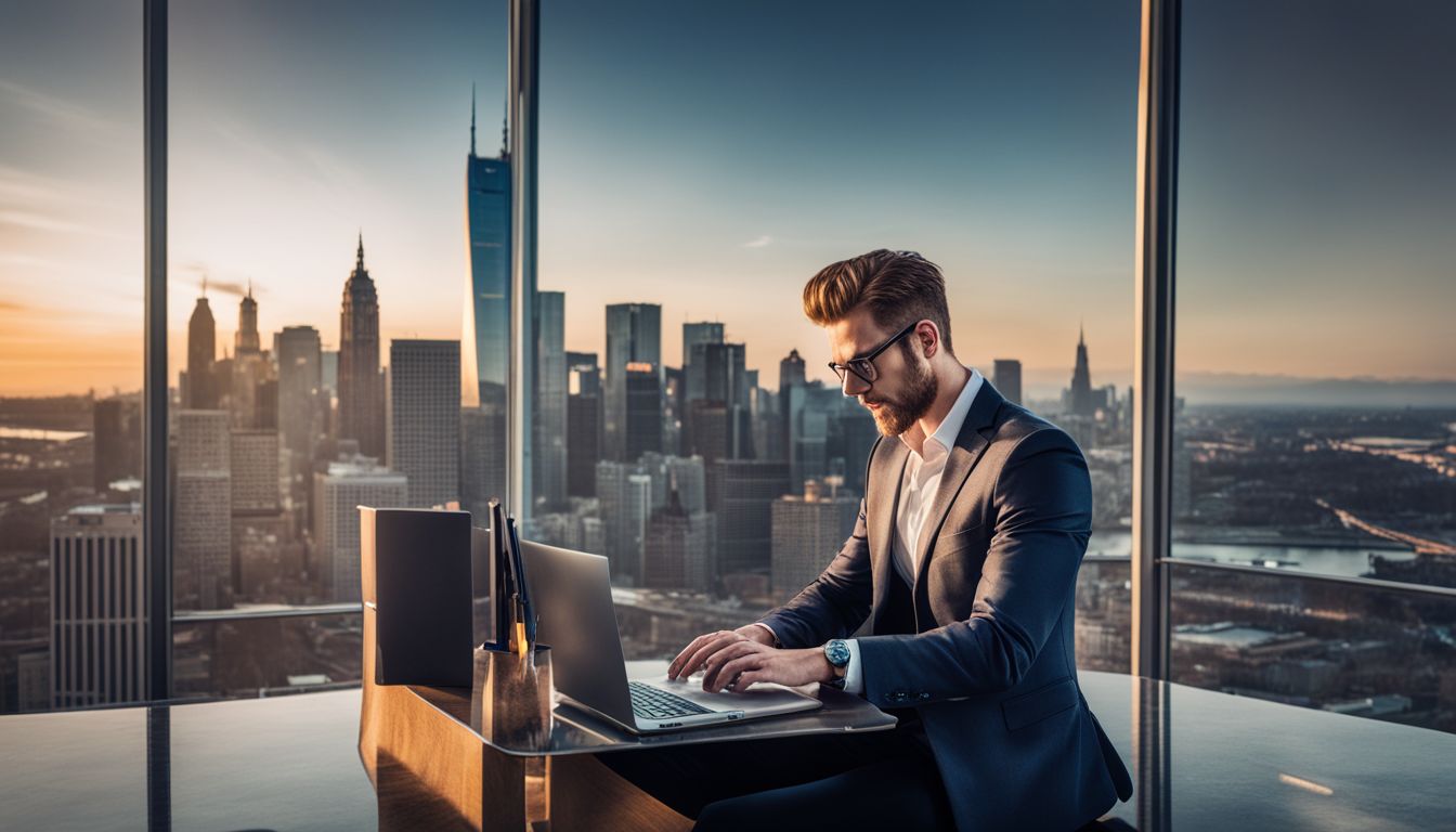 A businessman typing on a laptop with a city skyline in the background.